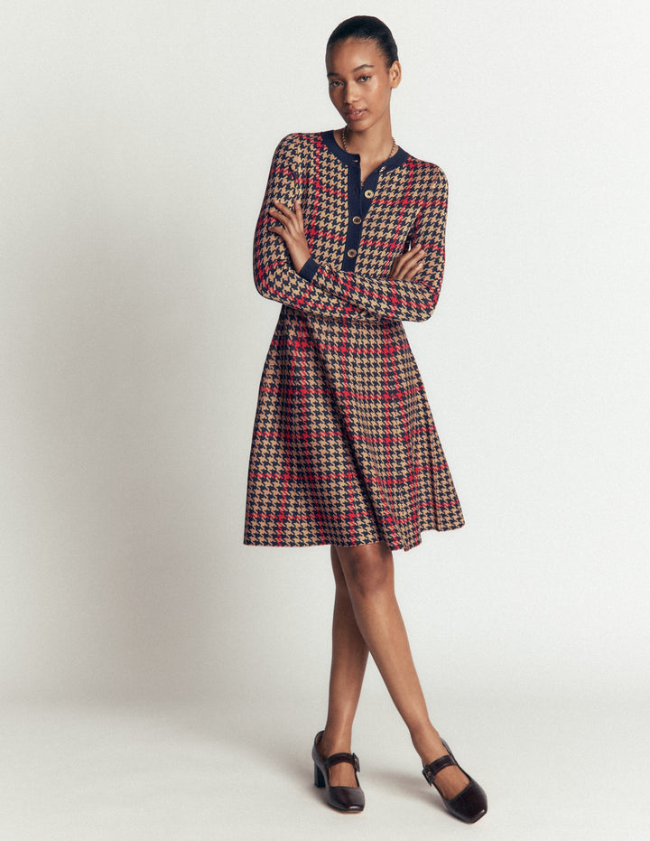Jacquardkleid mit Rundhalsausschnitt-Marineblau, Camel, Rot Kariert