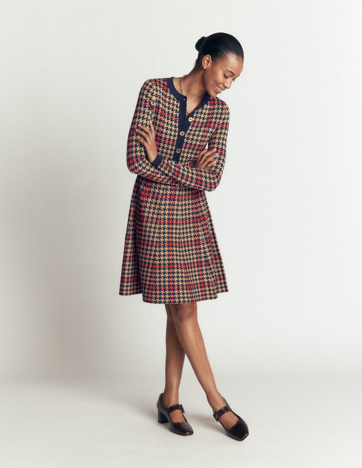 Crew Neck Jacquard Dress-Navy, Camel, Red Check - Image 4