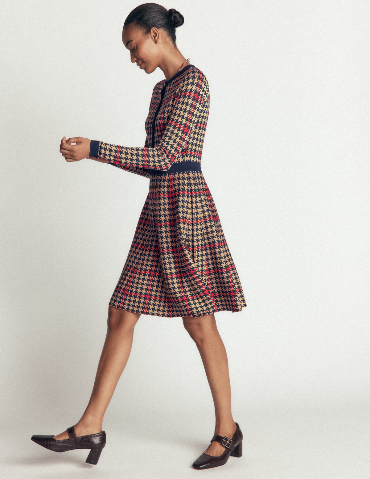 Crew Neck Jacquard Dress-Navy, Camel, Red Check - Image 5