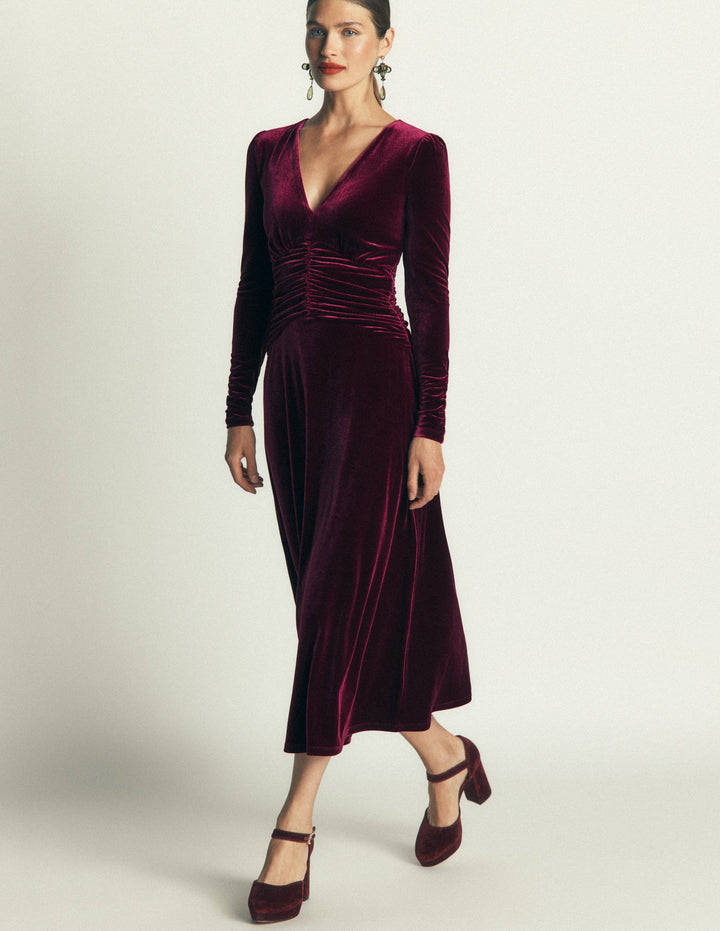 Mya Gerafftes Samt-Midikleid-Rote Beete