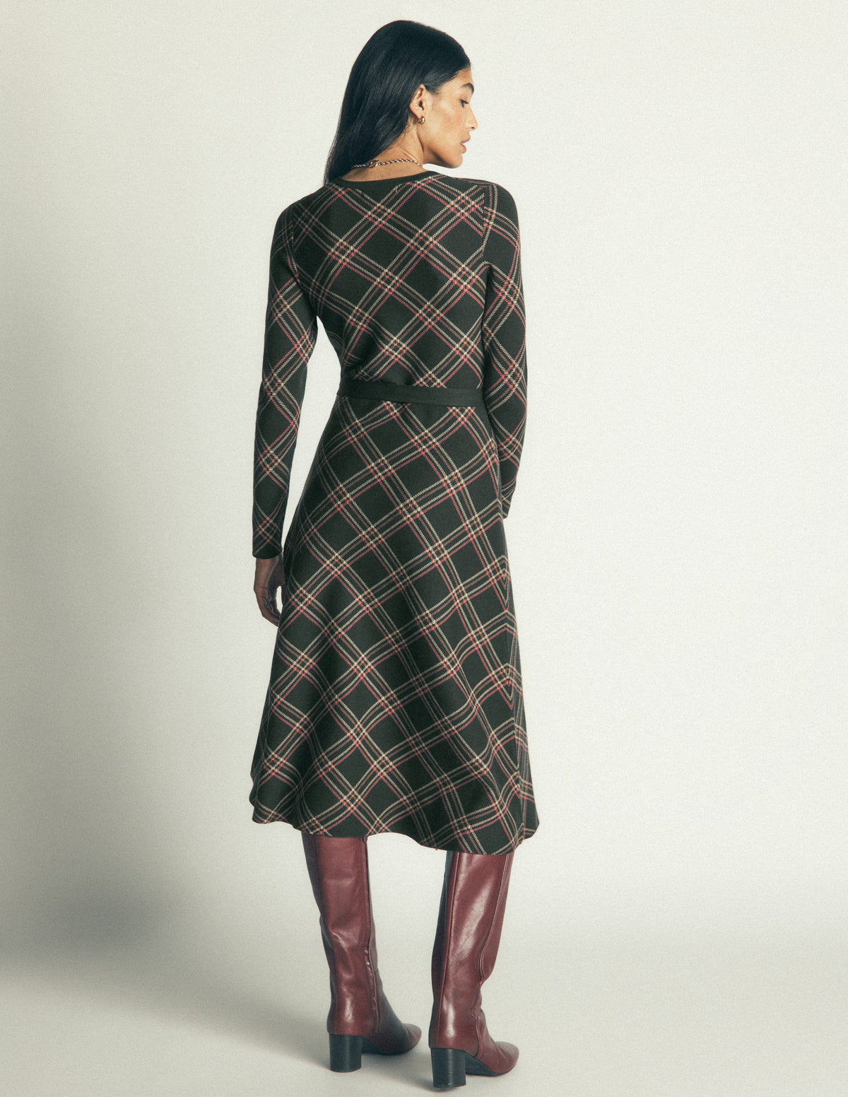 Midi-Jacquardkleid mit Rundhalsausschnitt-Grün Kariert-3