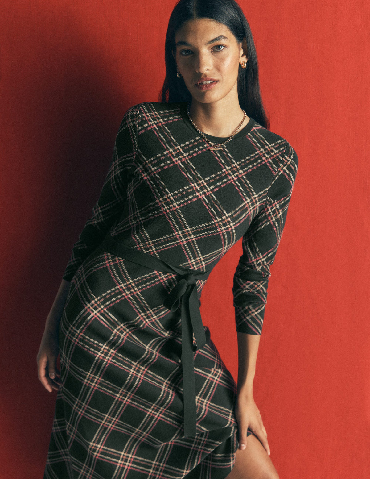 Midi-Jacquardkleid mit Rundhalsausschnitt-Grün Kariert - Image 4
