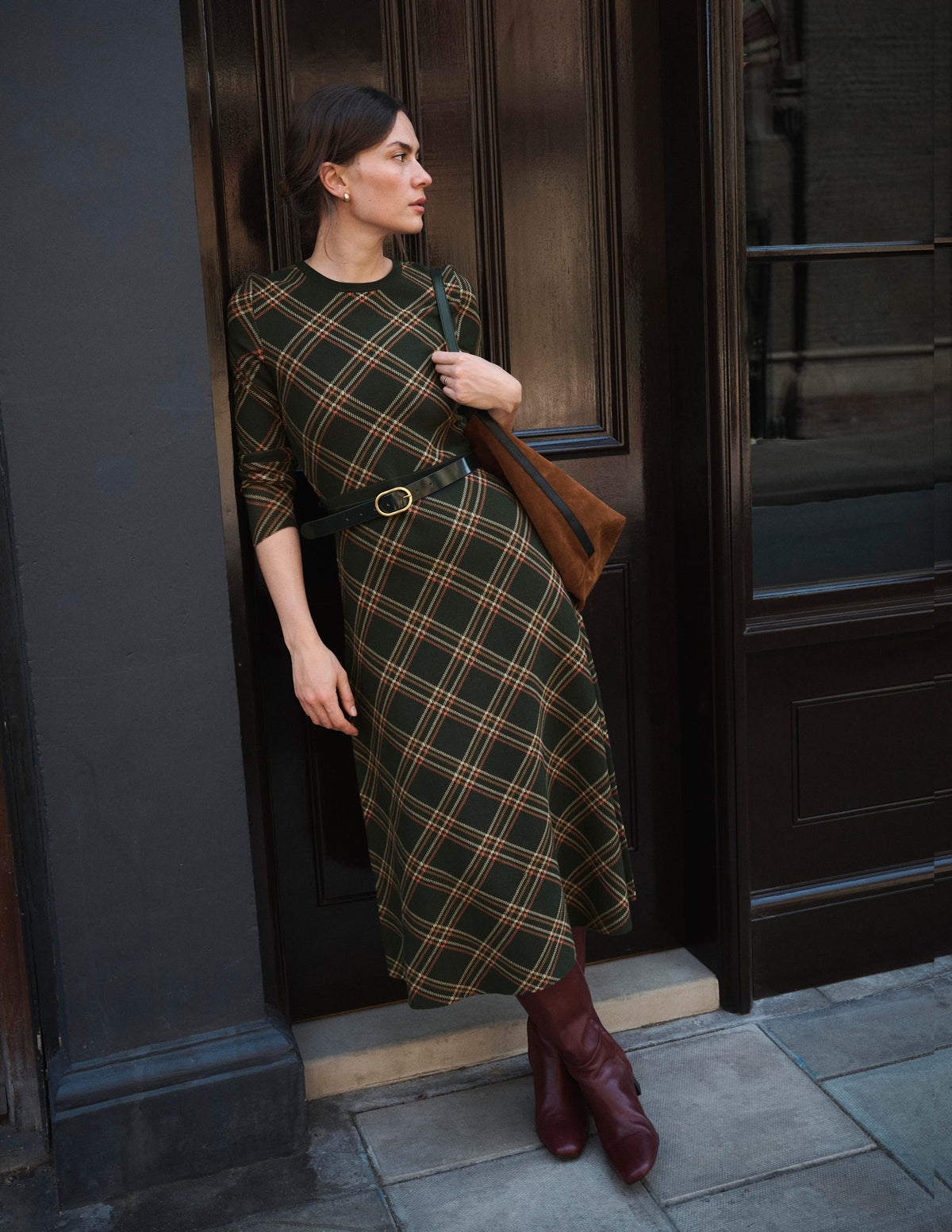 Midi-Jacquardkleid mit Rundhalsausschnitt-Grün Kariert-7