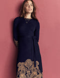 Midi-Jacquardkleid mit Rundhalsausschnitt-Marineblau Motivdruck
