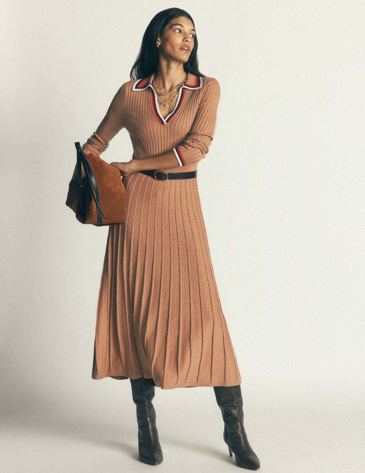 Geripptes Henley-Strickkleid-Camel Meliert-5