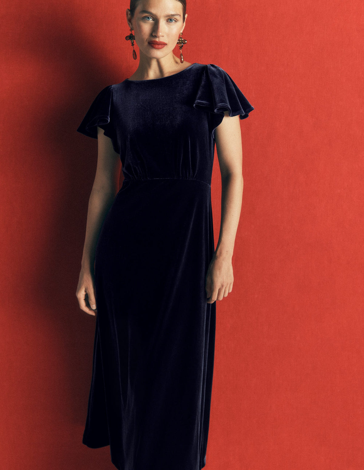 Samtkleid mit drapierten Ärmeln-Marineblau - Image 1
