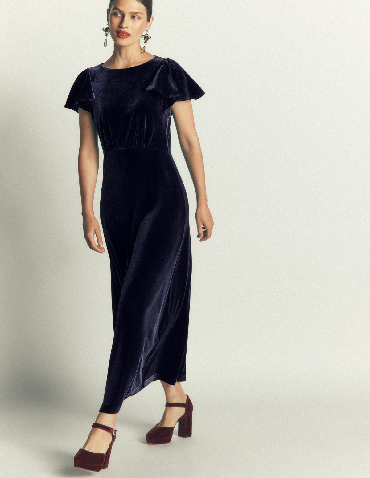 Samtkleid mit drapierten Ärmeln-Marineblau-4