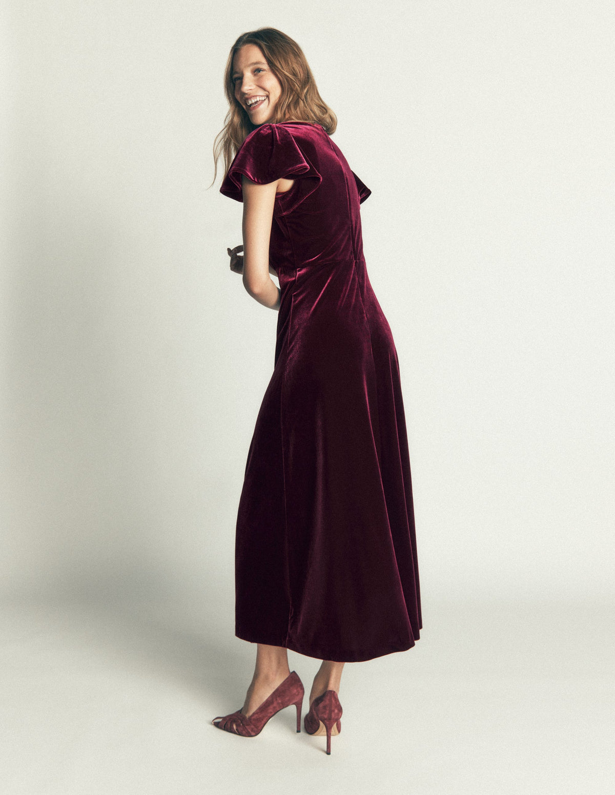 Samtkleid mit drapierten Ärmeln-Dunkle Kirsche-3