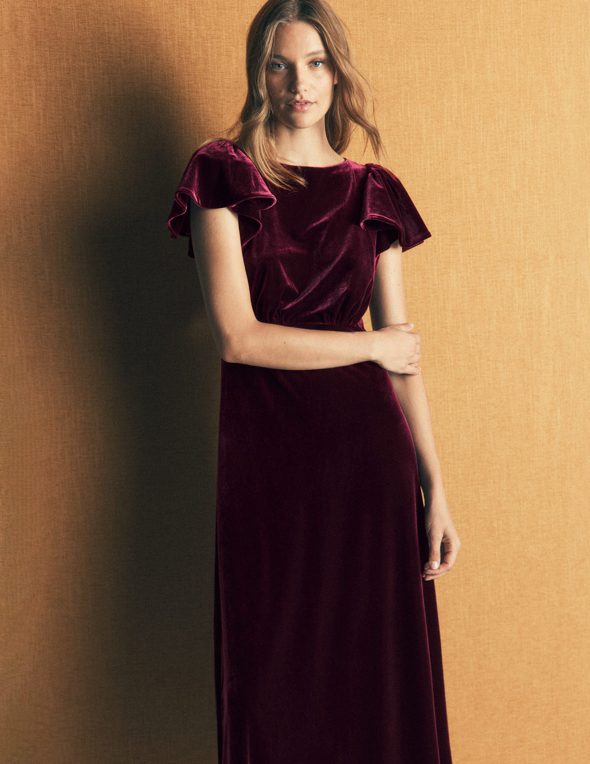 Samtkleid mit drapierten Ärmeln-Dunkle Kirsche-4