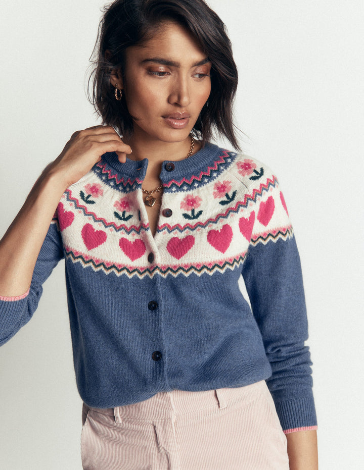Edie Fair-Isle-Strickjacke-Blau Fair Isle