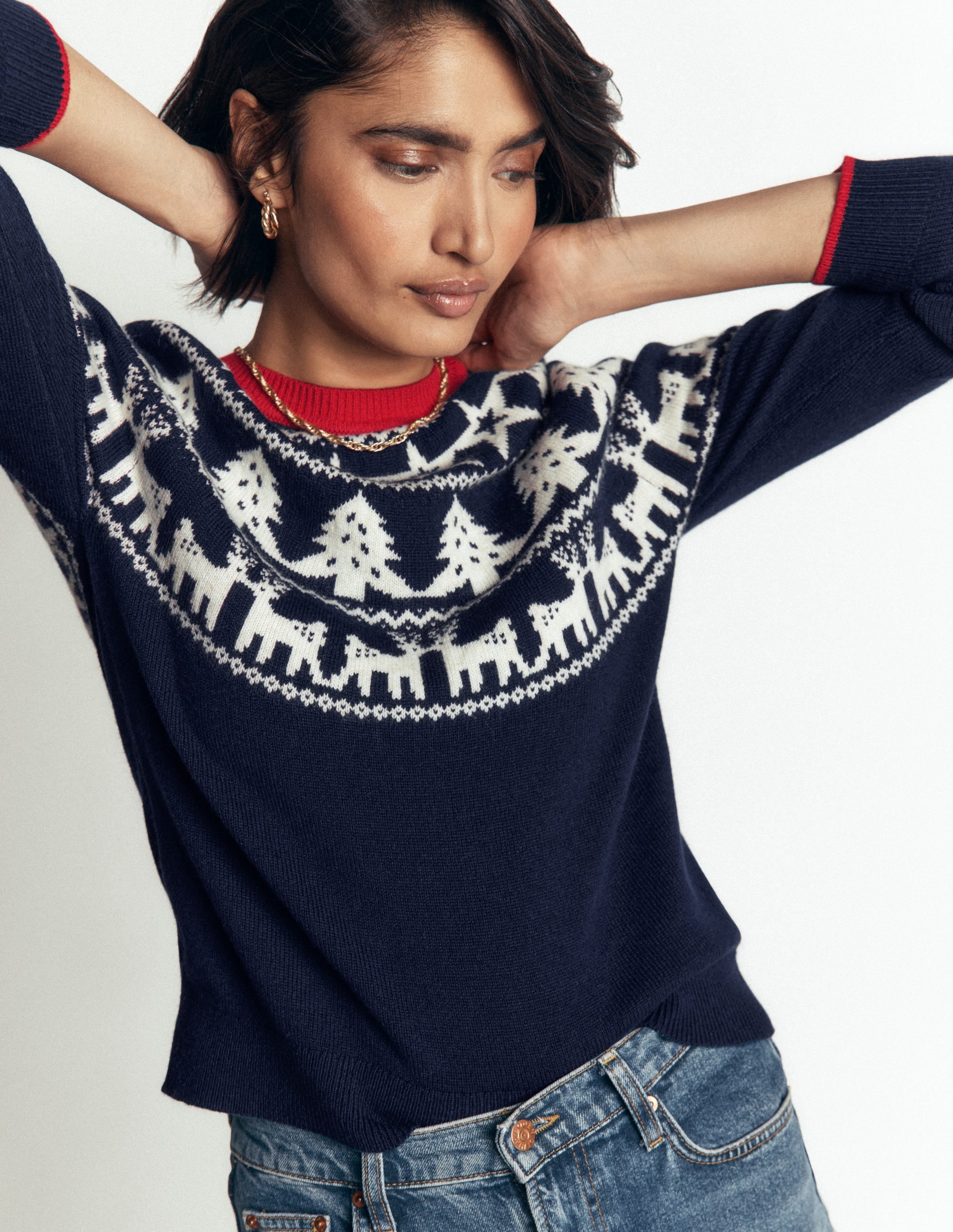Edie Fair-Isle-Pullover-Marineblau Rentier - Image 5
