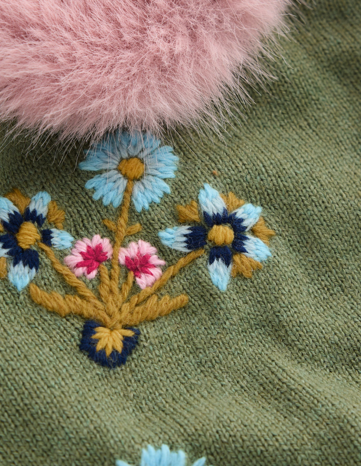 Verkürzte Strickjacke mit Fellkragen-Lorbeergrün, Bestickt-9