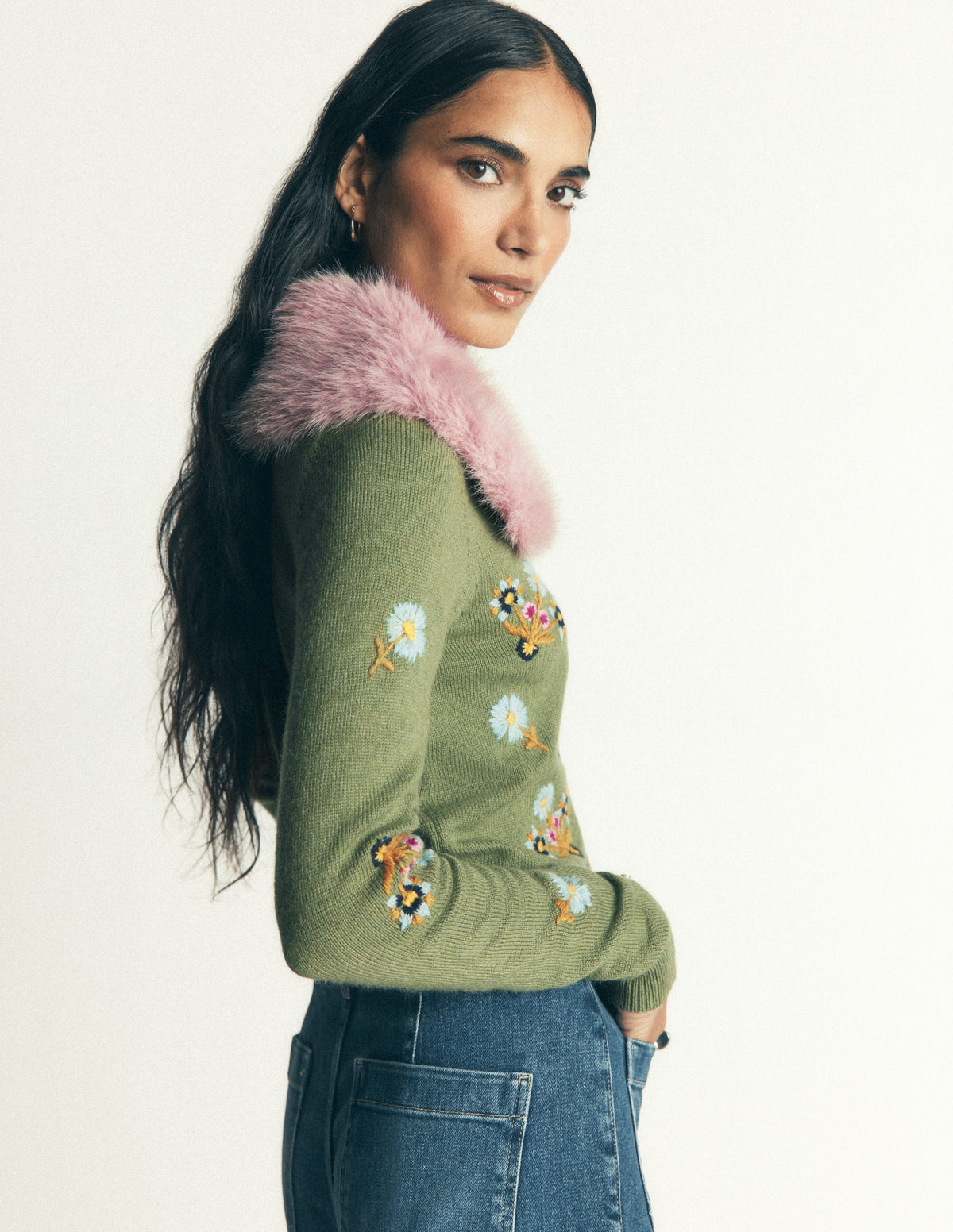 Verkürzte Strickjacke mit Fellkragen-Lorbeergrün, Bestickt - Image 3