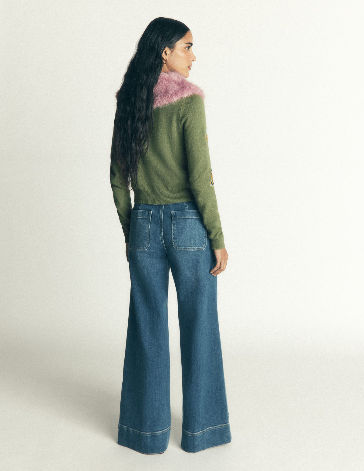 Verkürzte Strickjacke mit Fellkragen-Lorbeergrün, Bestickt - Image 6