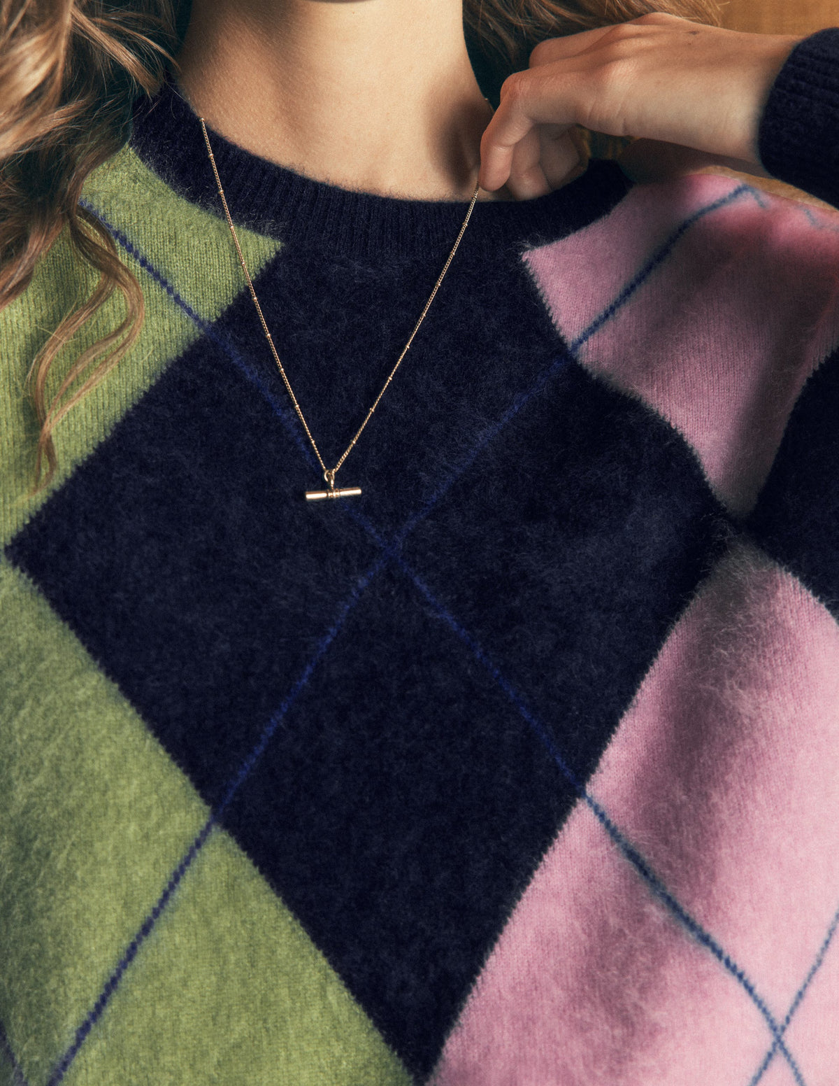 Kat Pullover aus gebürstetem Kaschmir-Marineblau, Rosa, Grün Argyle - Image 3