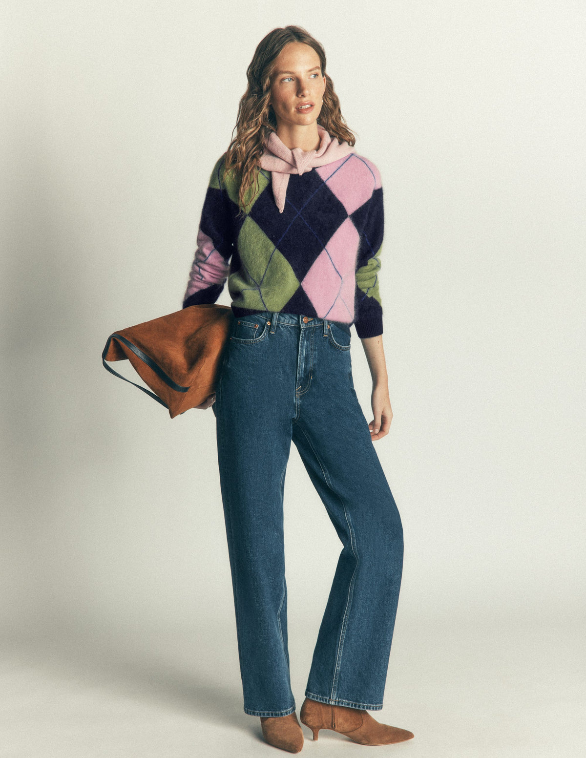 Kat Pullover aus gebürstetem Kaschmir-Marineblau, Rosa, Grün Argyle - Image 5