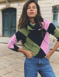 Kat Pullover aus gebürstetem Kaschmir-Marineblau, Rosa, Grün Argyle