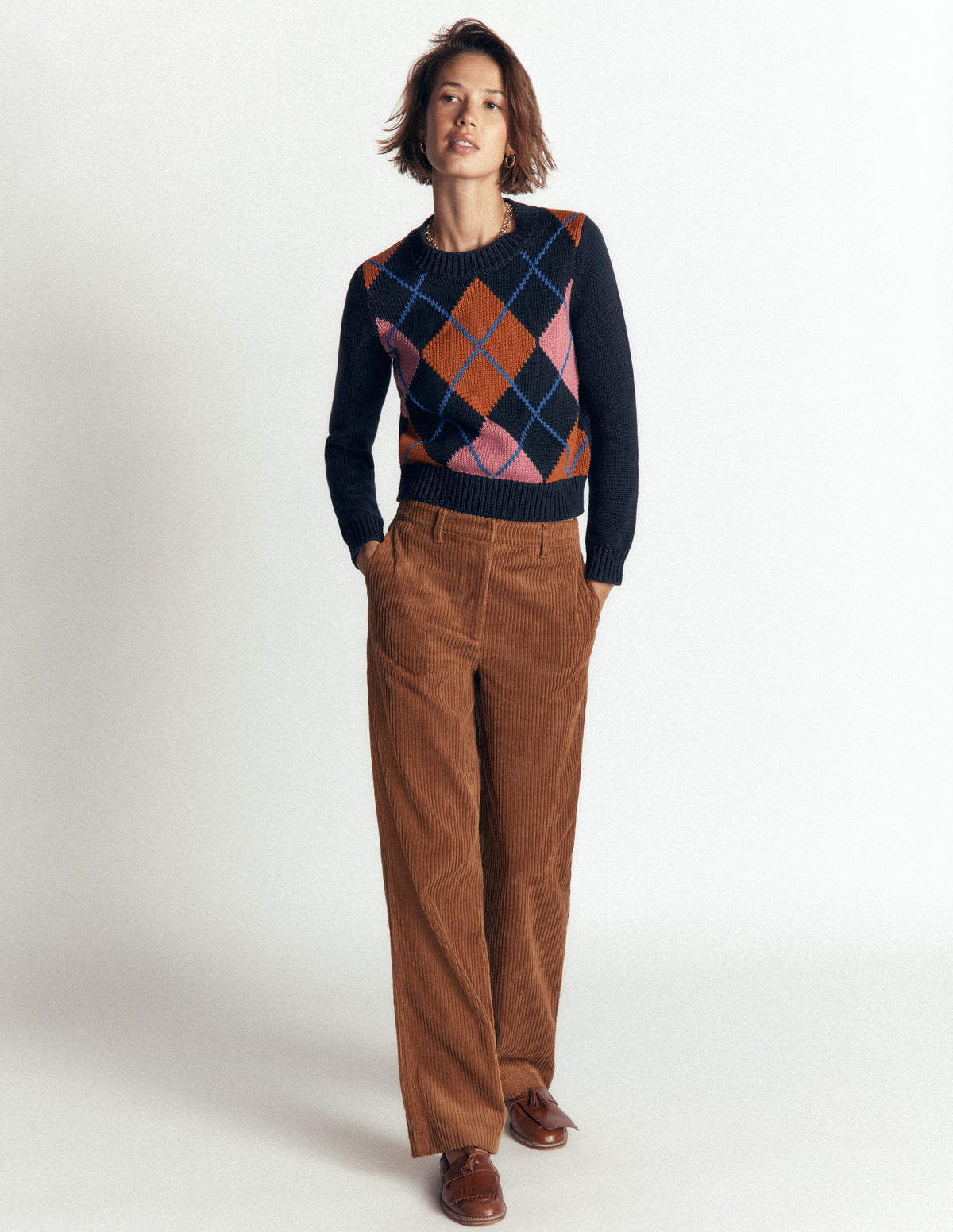 Lucy Grob gestrickter Baumwollpullover-Marineblau, Rosa und Braun Argyle-6
