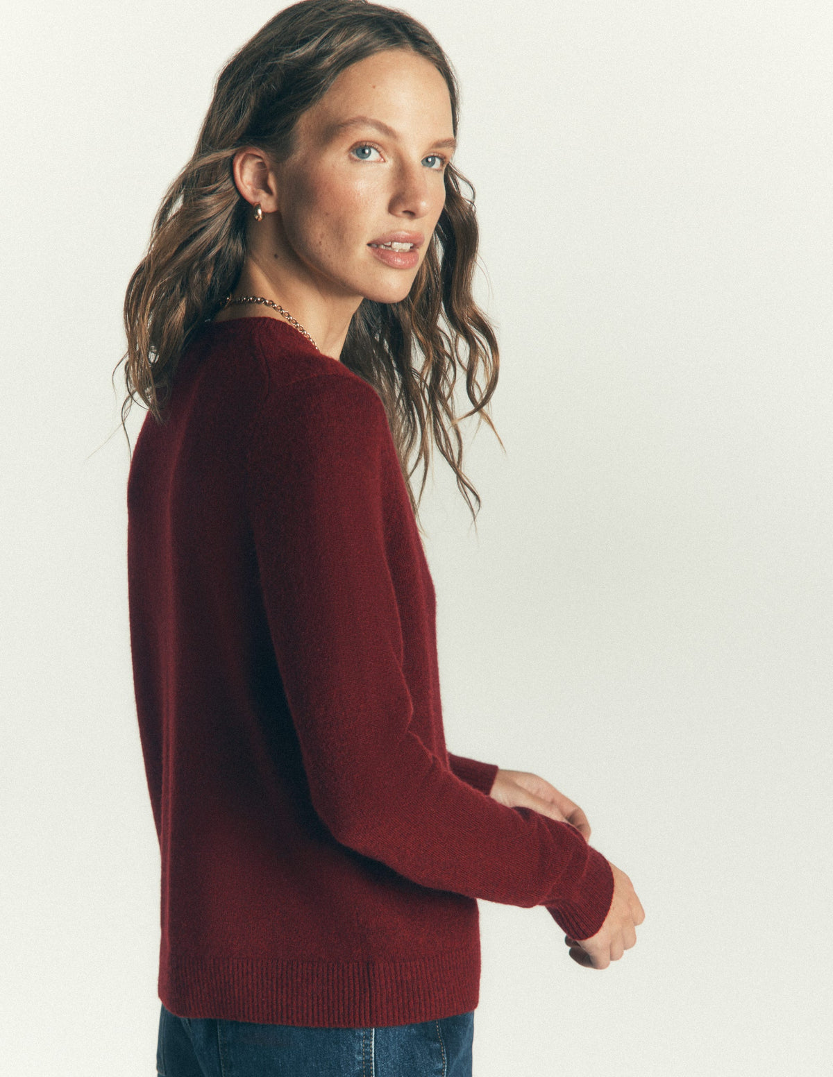 Elsie Kaschmir-Strickjacke mit Rundhalsausschnitt-Dunkles Burgunderrot-3