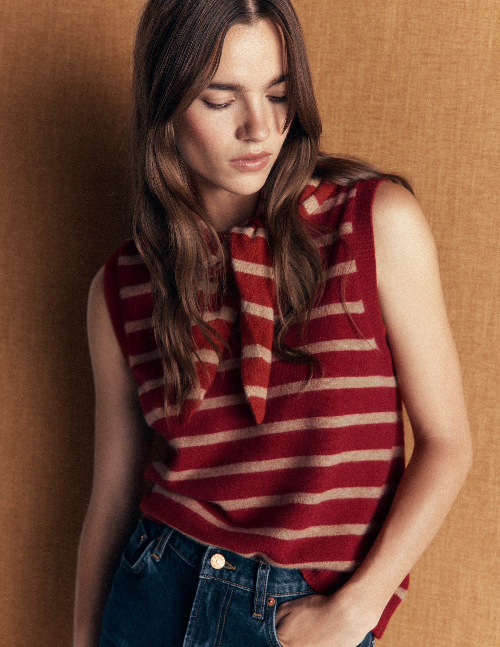 Débardeur Elsie en cachemire-Rouge coquelicot, rayé camel-2