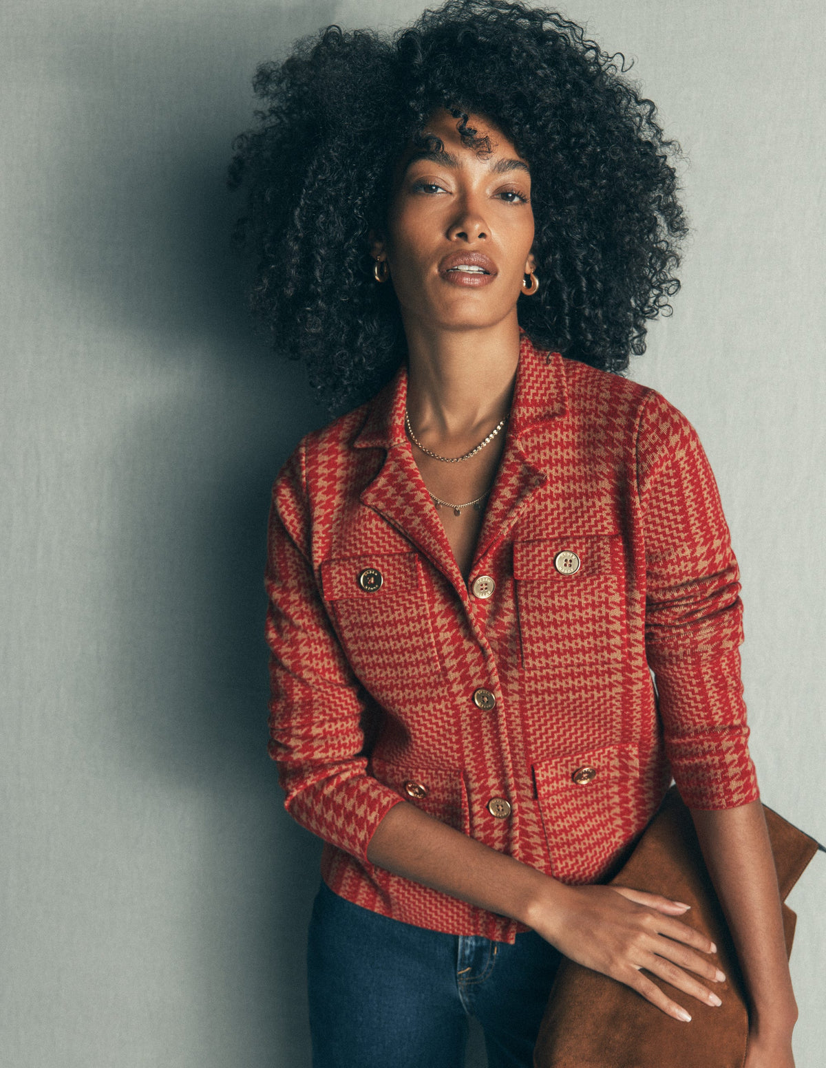 Phoebe Collared Knitted Jacket-Red, Camel check-1