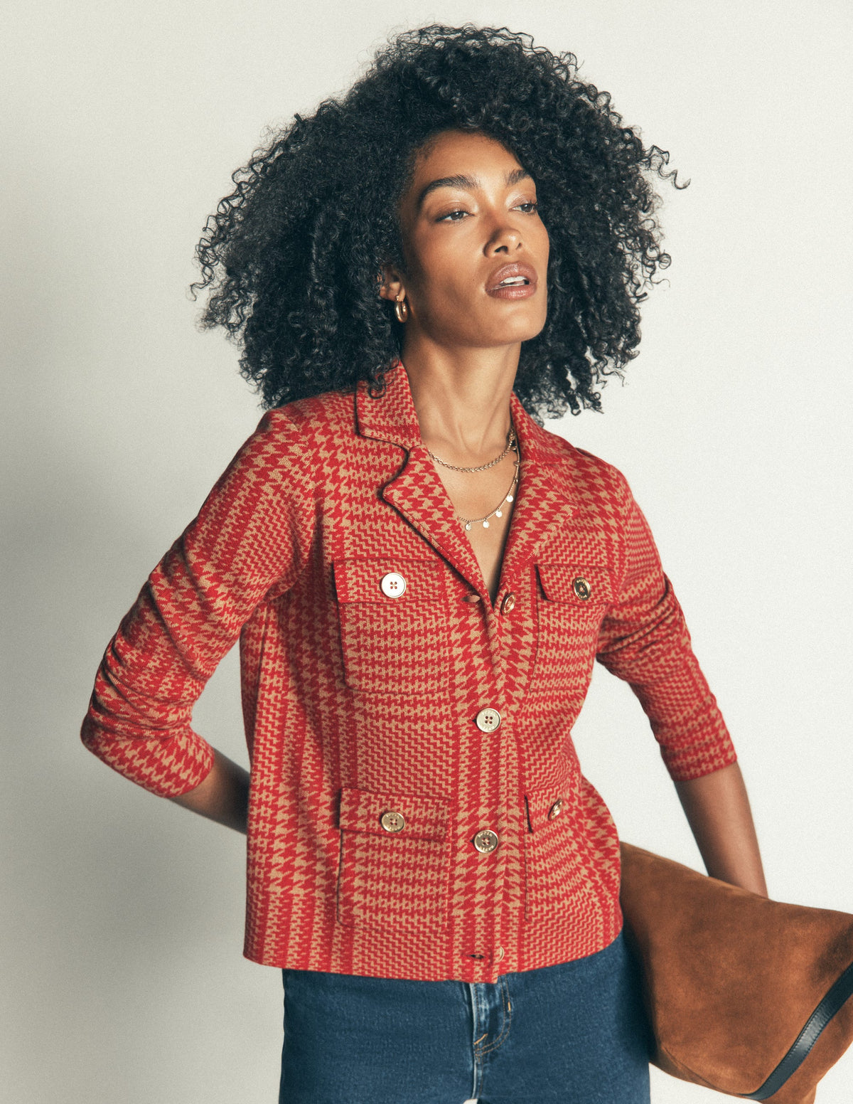 Phoebe Collared Knitted Jacket-Red, Camel check - Image 5