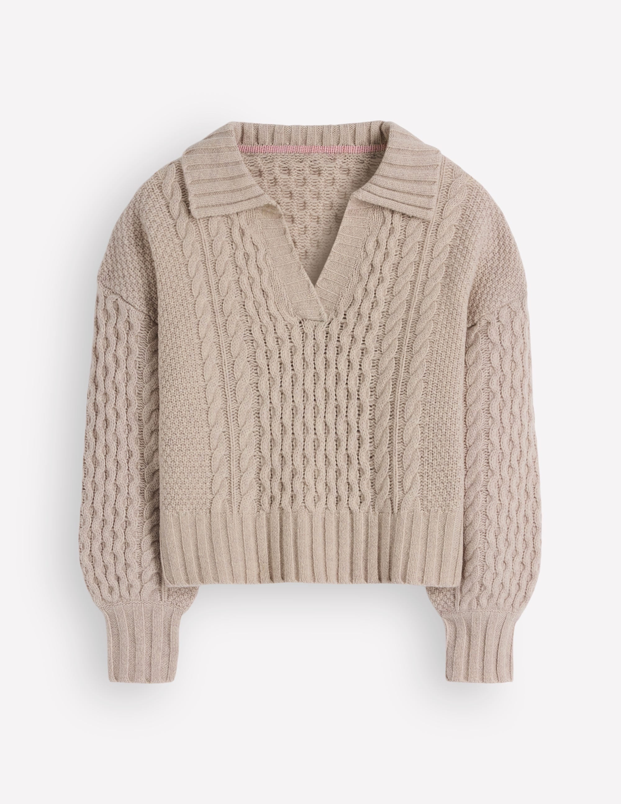 Pullover mit Zopfmuster und Kragen-Beige - Image 7