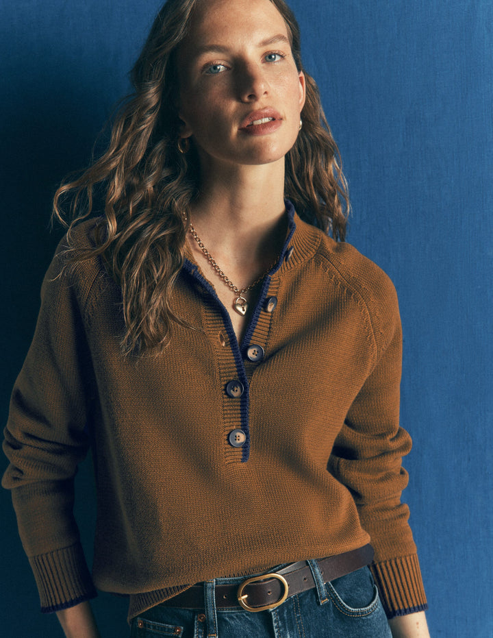 Lara Baumwollpullover mit Knopfleiste-Lebkuchen