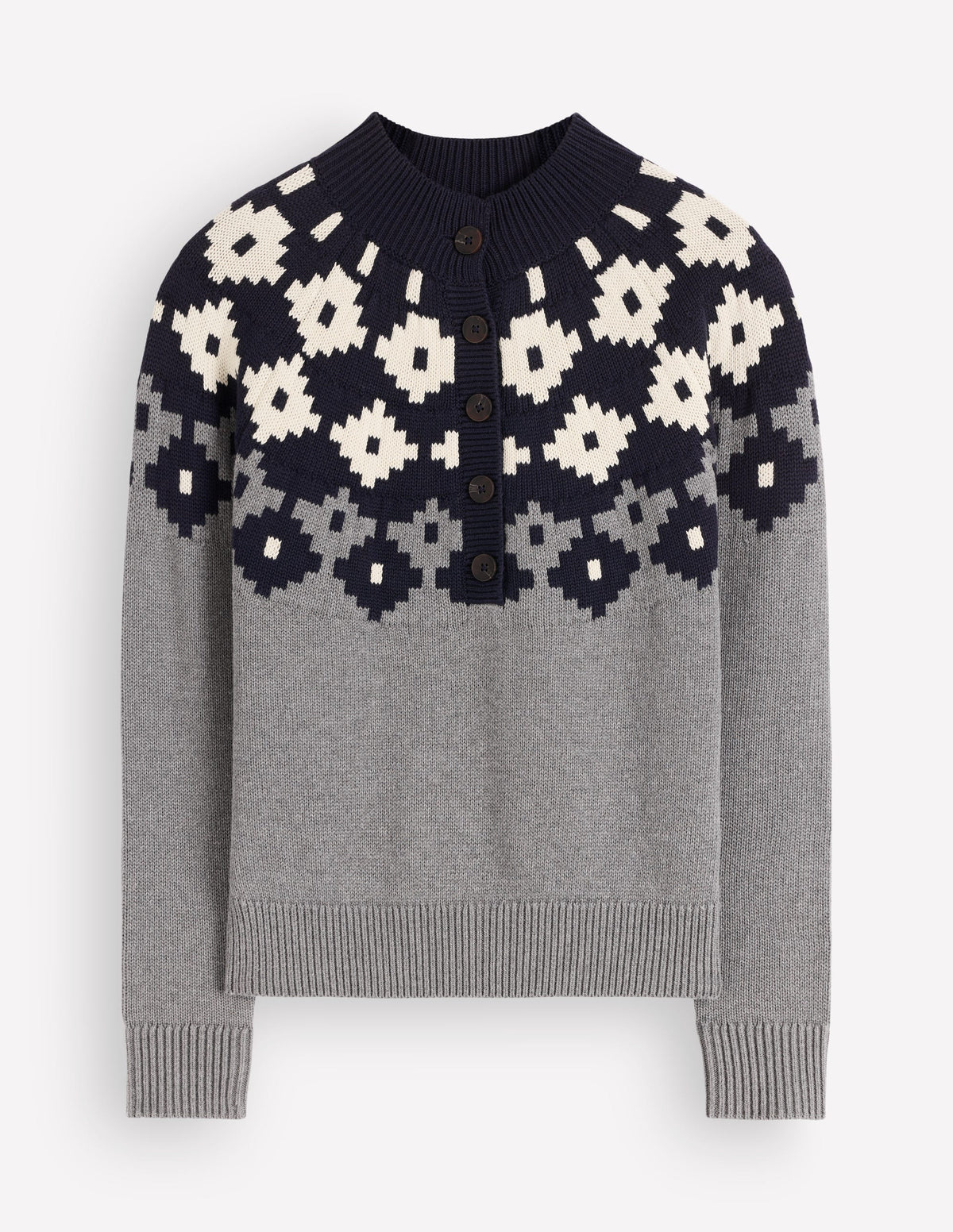 Pull à col boutonné Lara en coton-Gris chiné, motif jacquard-8