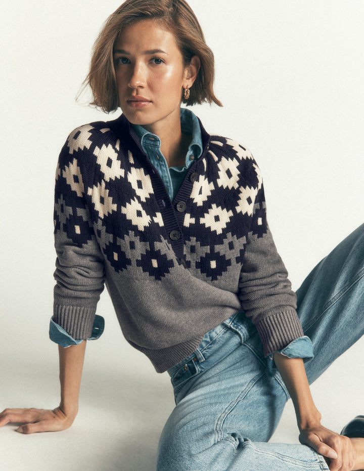 Lara Baumwollpullover mit Knopfleiste-Grau Meliert, Fair-Isle