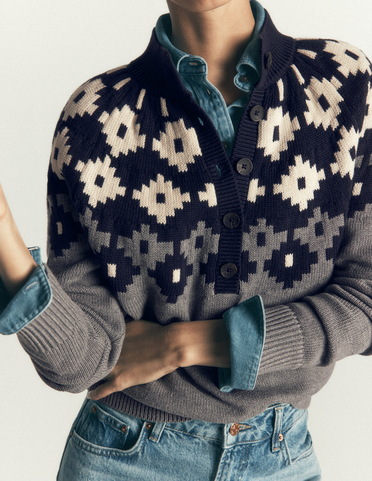 Pull à col boutonné Lara en coton-Gris chiné, motif jacquard-2