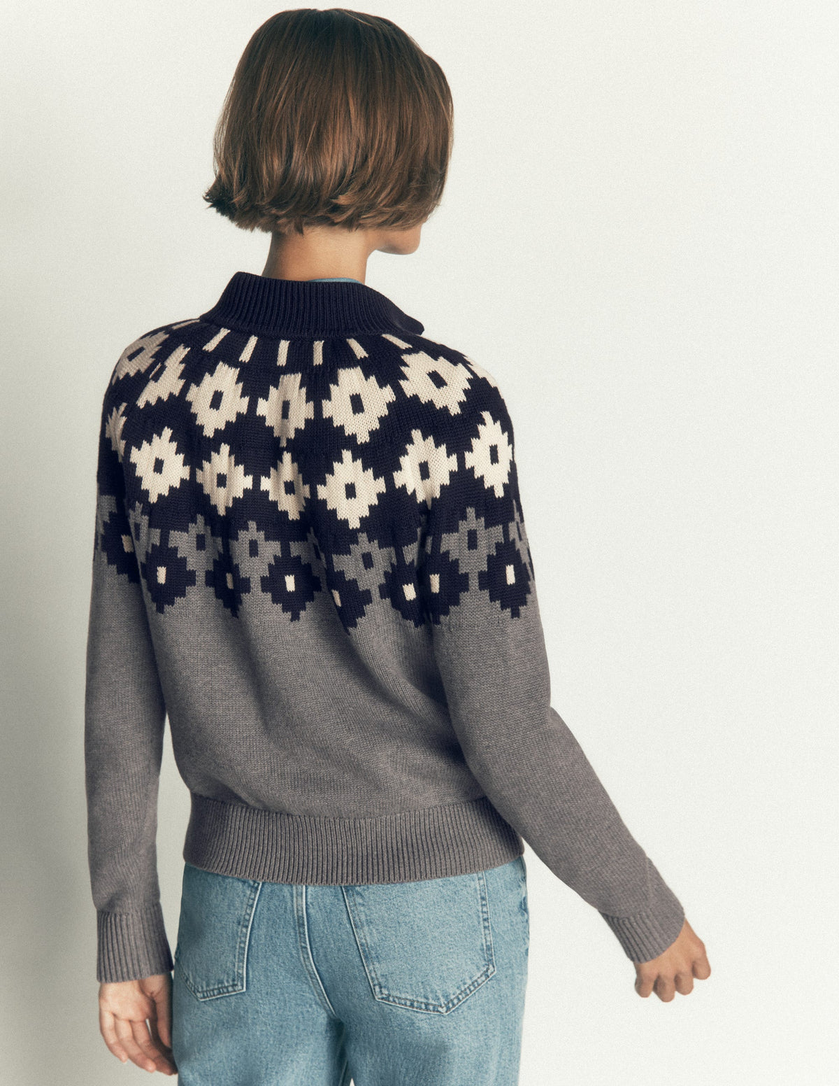 Pull à col boutonné Lara en coton-Gris chiné, motif jacquard-3