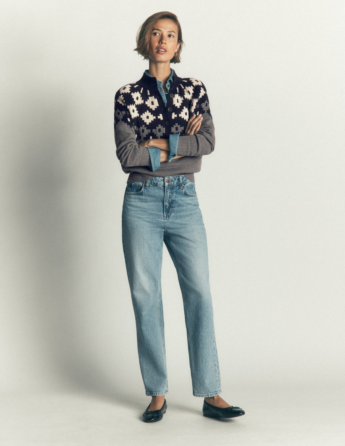 Pull à col boutonné Lara en coton-Gris chiné, motif jacquard - Image 4