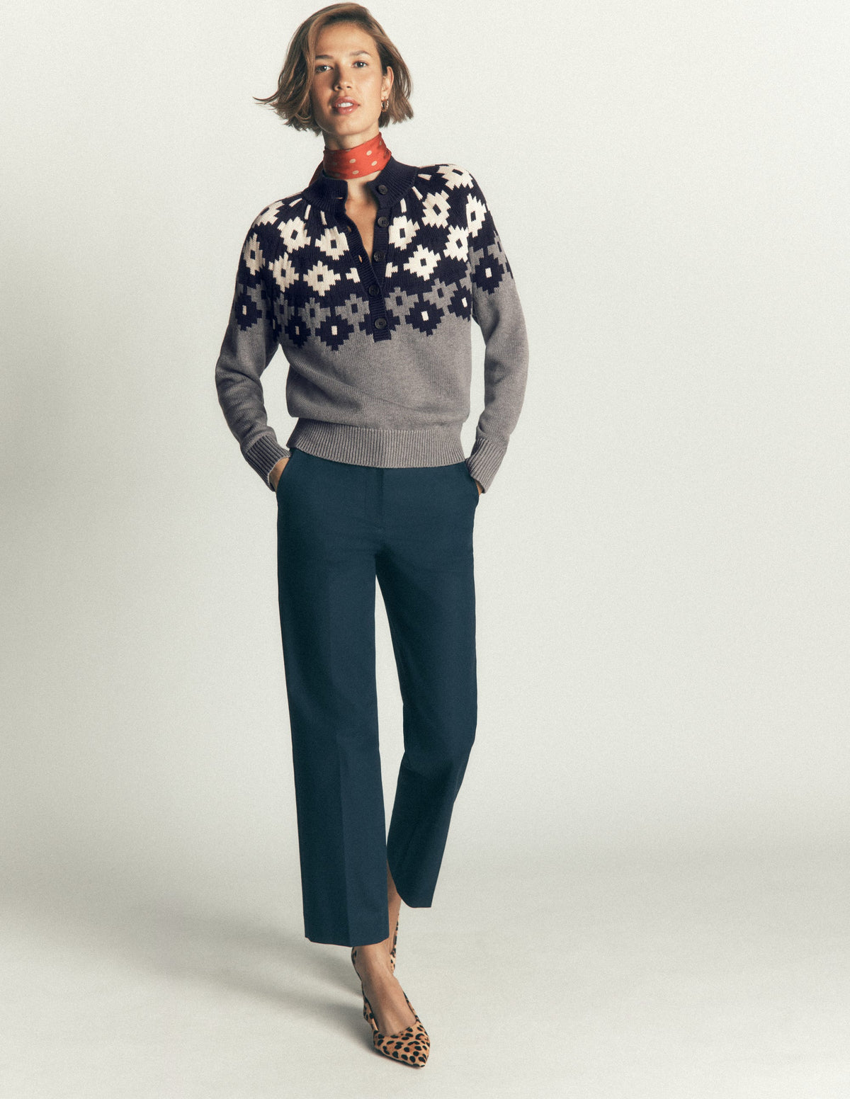 Pull à col boutonné Lara en coton-Gris chiné, motif jacquard - Image 6