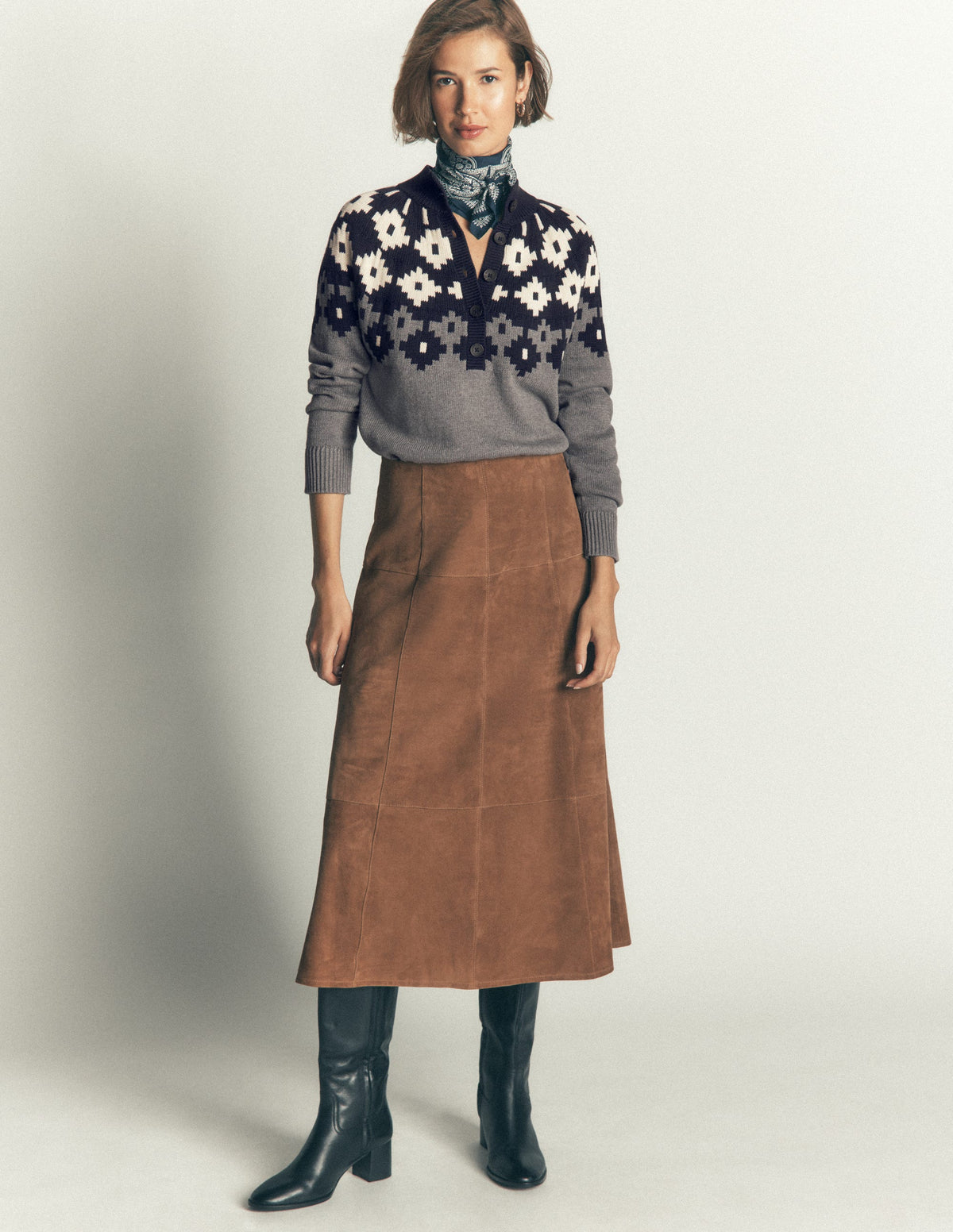 Pull à col boutonné Lara en coton-Gris chiné, motif jacquard - Image 7
