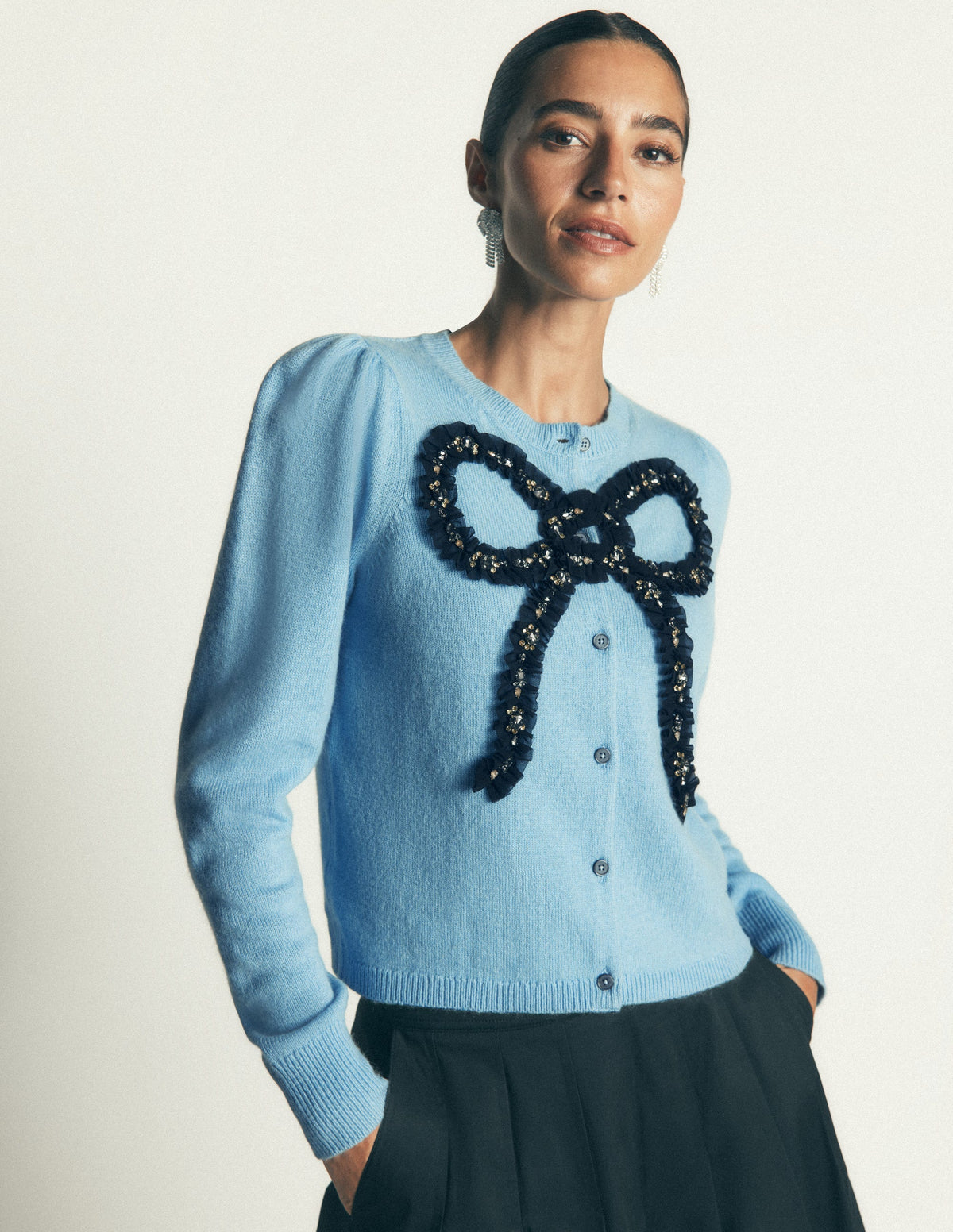 Ria Verzierte Strickjacke-Blau, Schleife-2