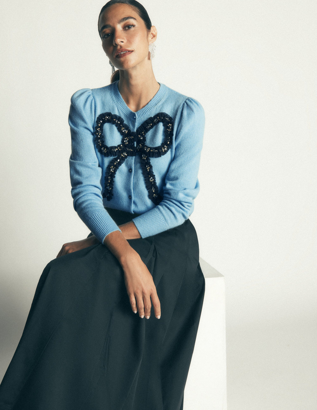 Ria Verzierte Strickjacke-Blau, Schleife-5