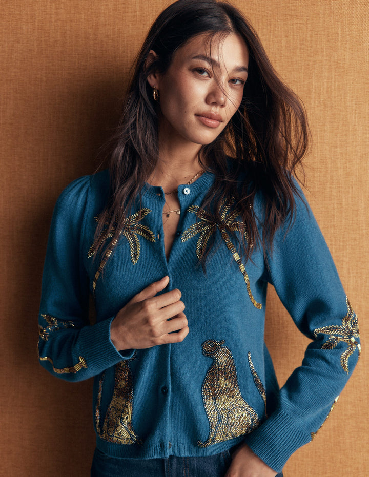 Ria Verzierte Strickjacke-Blau, Palme
