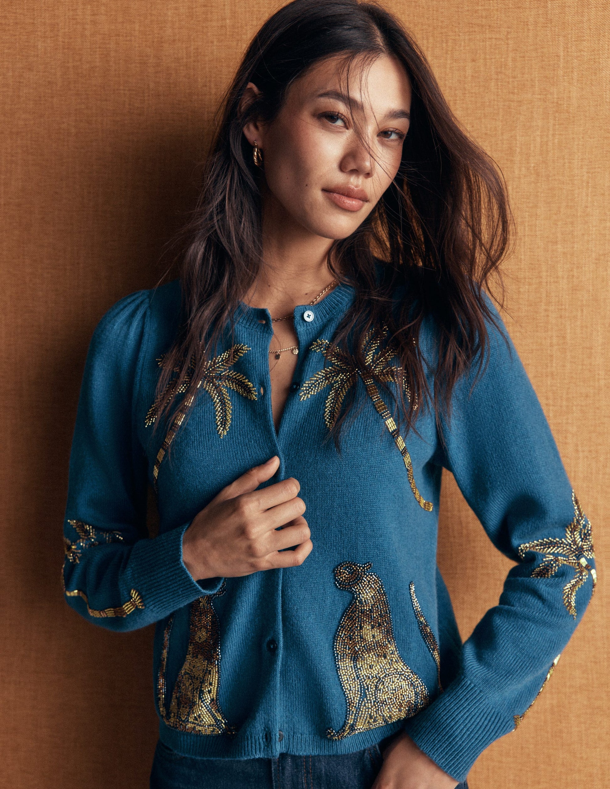 Ria Verzierte Strickjacke-Blau, Palme-2