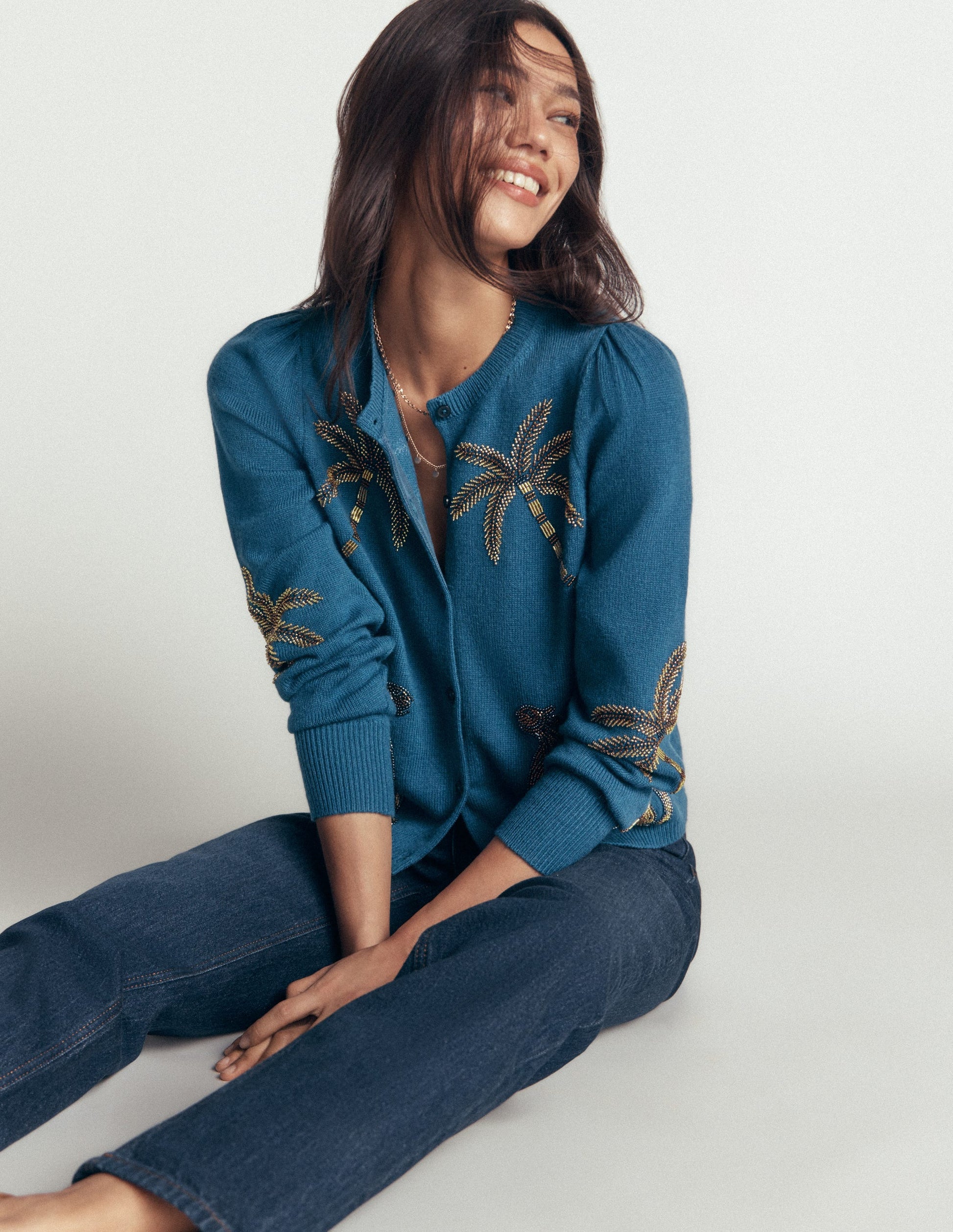 Ria Verzierte Strickjacke-Blau, Palme-6