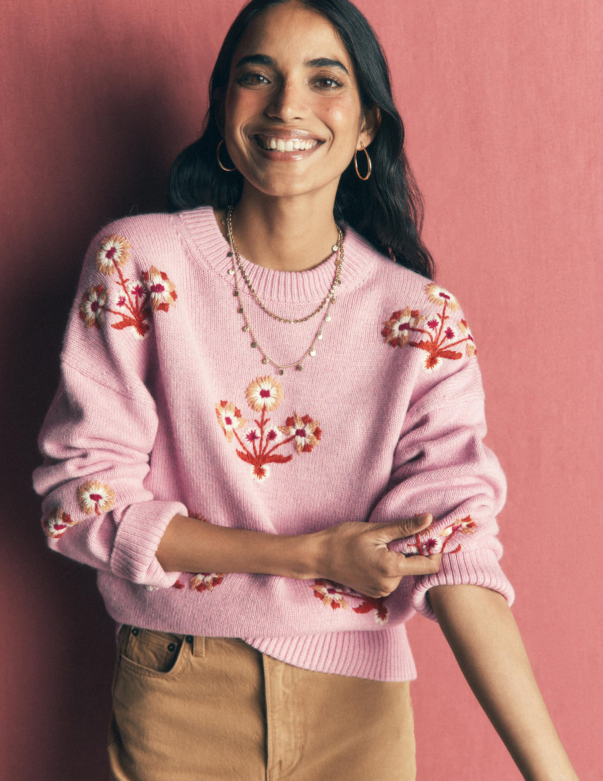 Ella Bestickter Strickpullover-Frühlingsblütenrosa, Blumenmuster-1