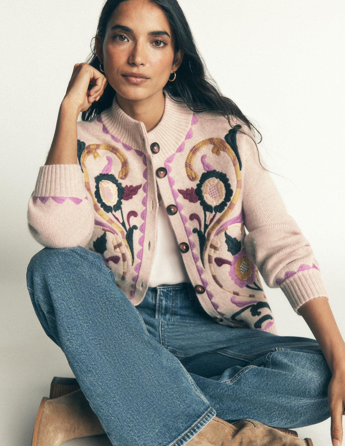 Jemma Jacquard-Strickjacke-Haferbeige Meliert, Stickerei - Image 1