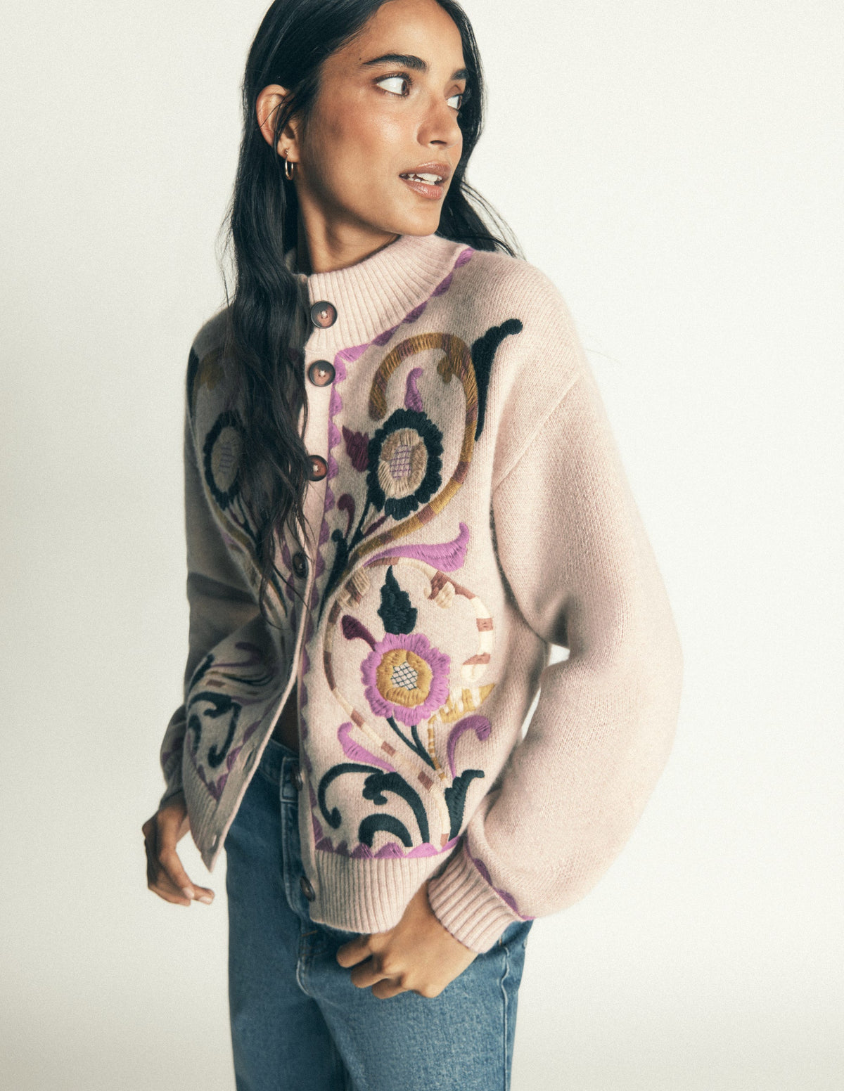 Jemma Jacquard-Strickjacke-Haferbeige Meliert, Stickerei - Image 6