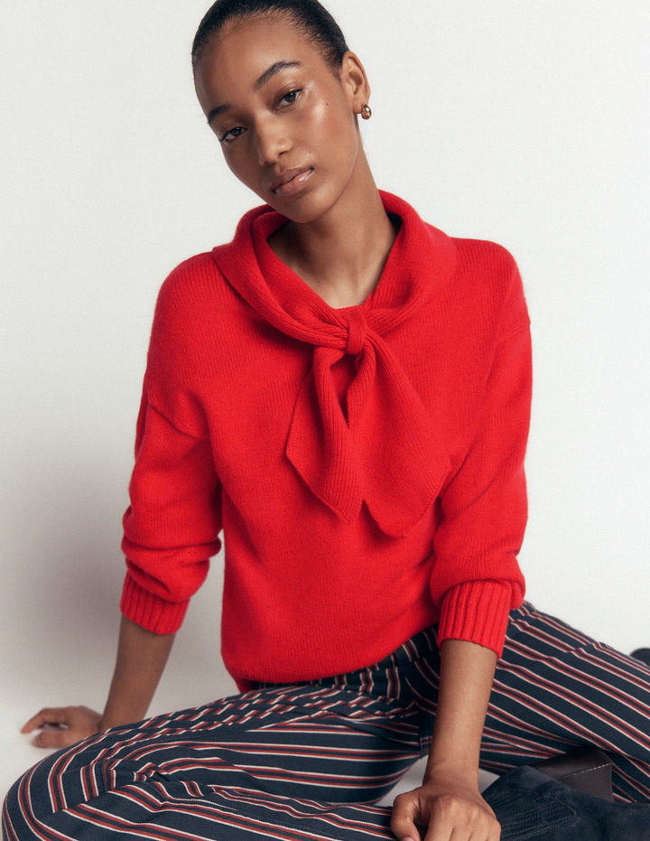 Lydia Strickpullover mit Bindeschleife am Ausschnitt-Mohnblumenrot