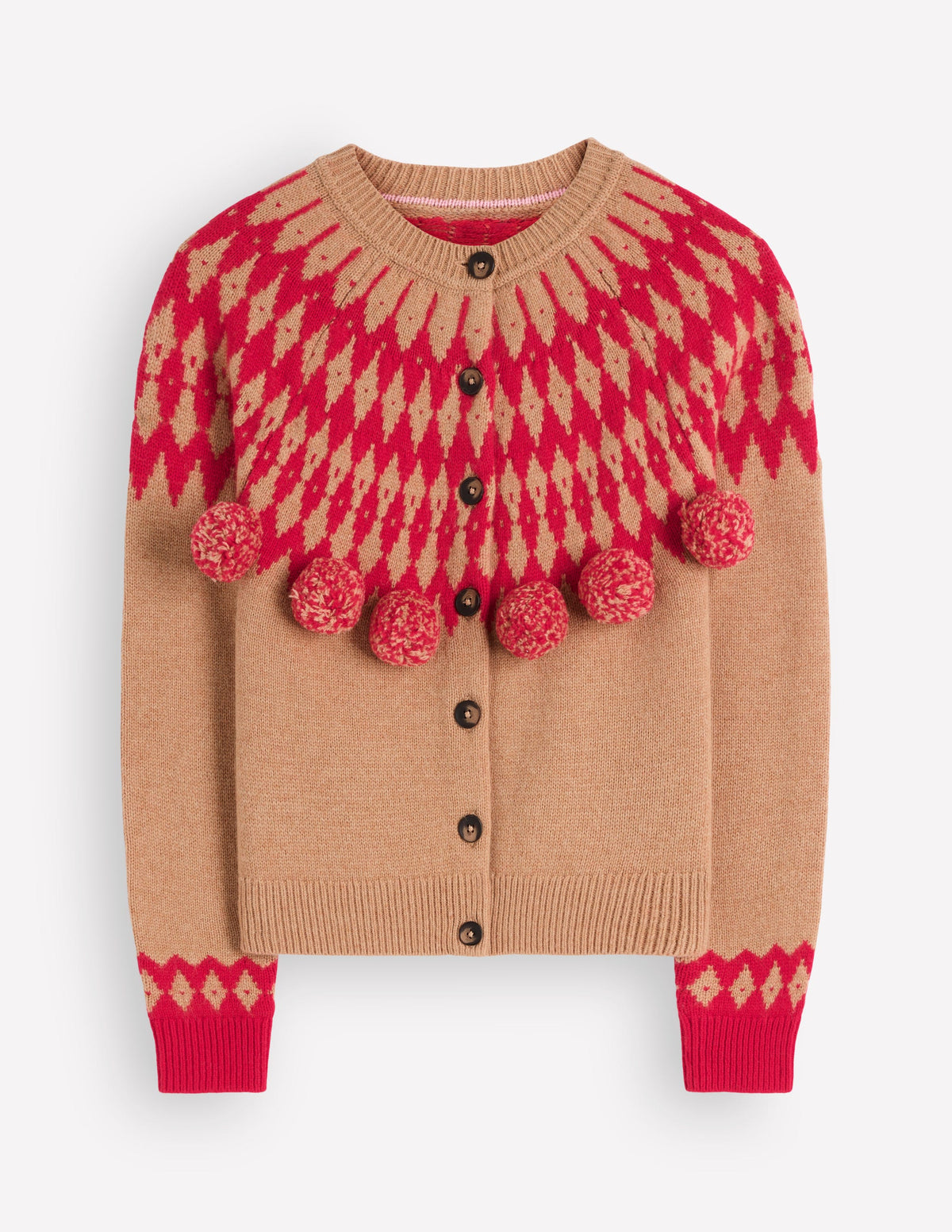 Mae Fair-Isle-Strickjacke-Camel, Rote Bommeln-6