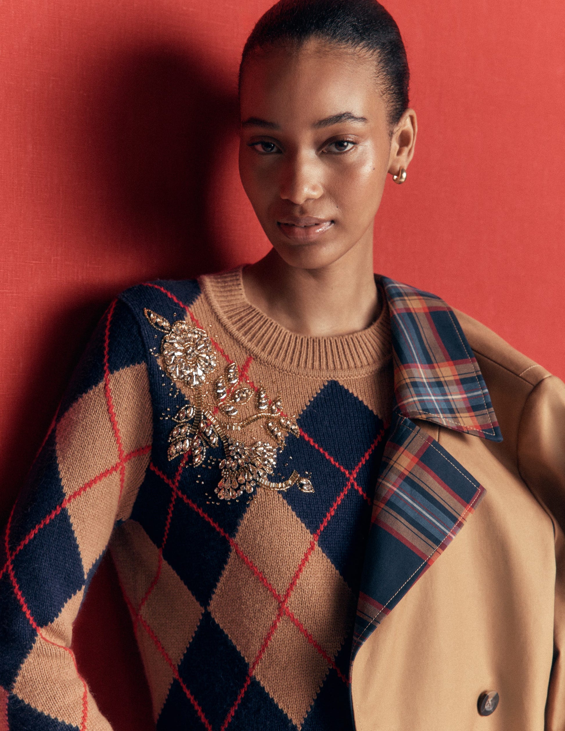 Jacquard-Pullover mit Verzierungen-Camel Meliert Argyle-3