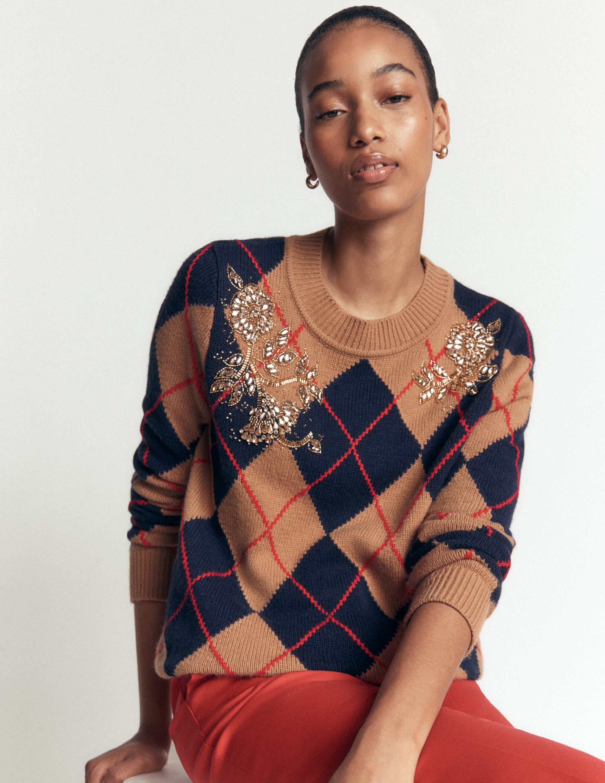 Jacquard-Pullover mit Verzierungen-Camel Meliert Argyle - Image 6
