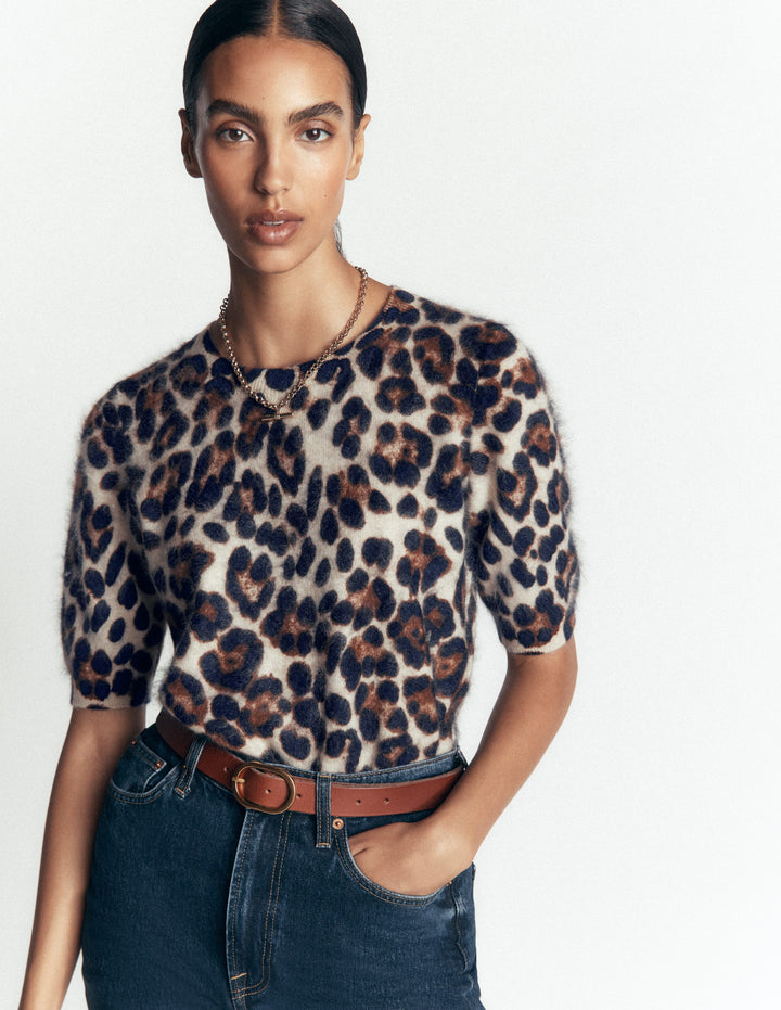Kat T-Shirt aus gebürstetem Kaschmir-Camel, Leopard