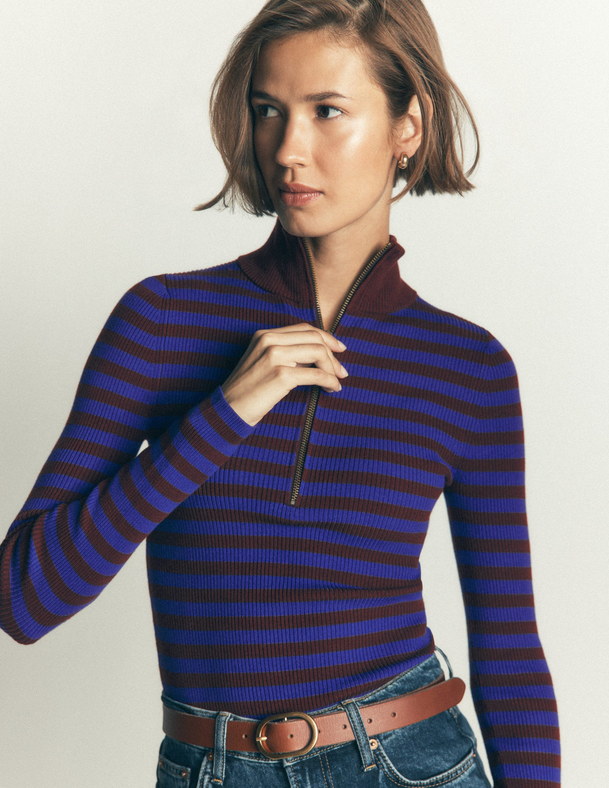 Zelda Rippstrickpullover mit Halbreißverschluss-Leuchtendes Blau, Kastanienbraun Streifen-1