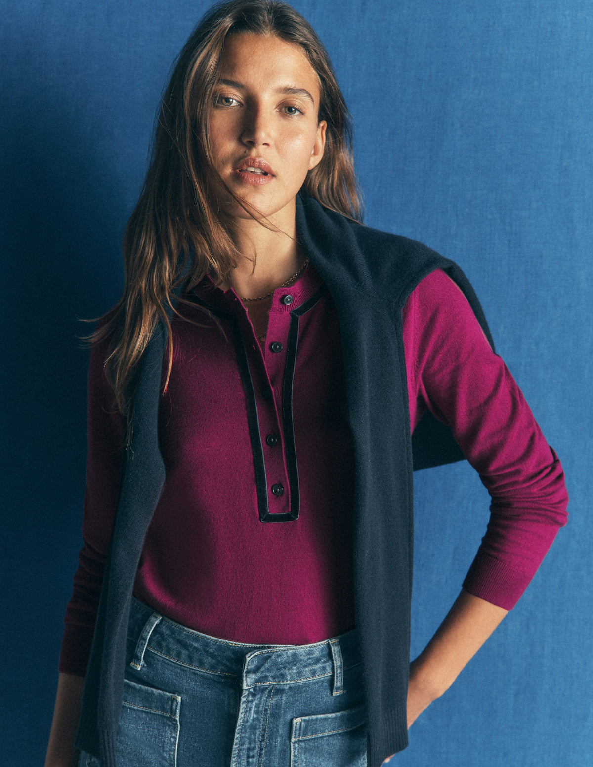 Violet Velvet Trim Henley-Purple-1